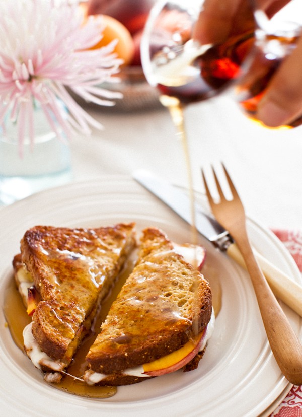 French toast sandwiches with peaches and fresh mozzarella