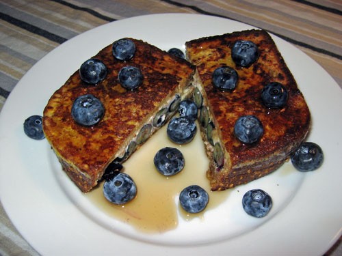 French toast stuffed with blueberries and cream cheese