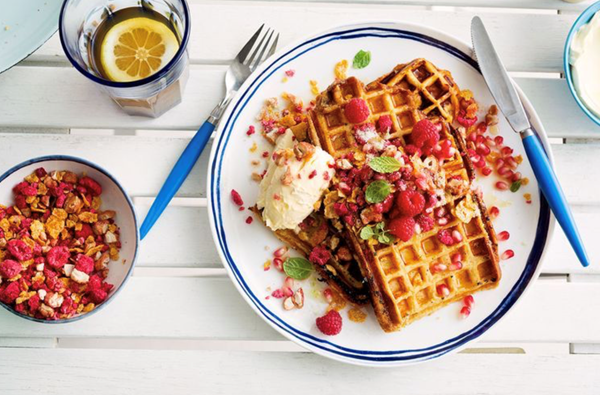 French toast waffles with berry brekkie crunch