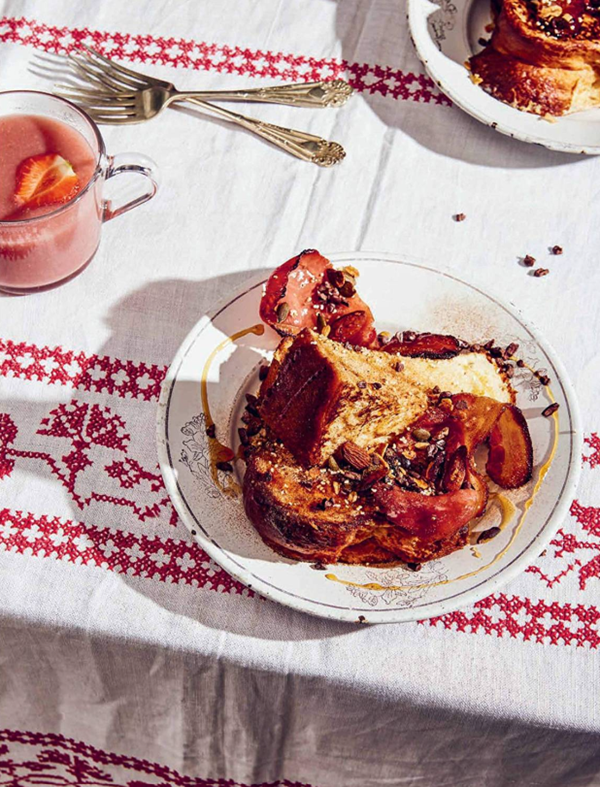 French toast with agave, cacao nibs and bacon