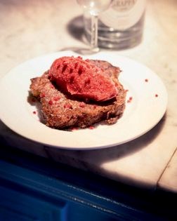 French toast with cinnamon bread and raspberry sorbet