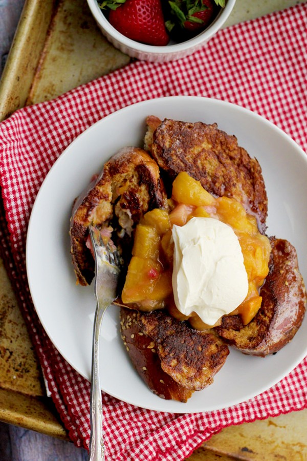 French toast with rhubarb-mango compote and creme fraiche