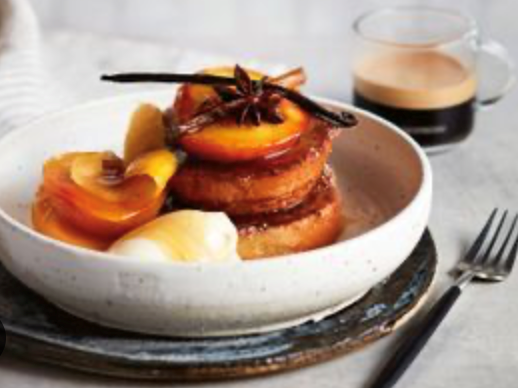 French toast with vanilla and cinnamon poached peaches, mascarpone and agave