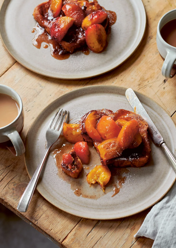 French toast with vanilla-glazed peaches & cinnamon sugar
