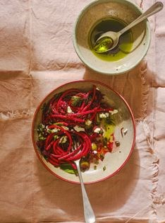 Fresh beetroot & green olive bucatini