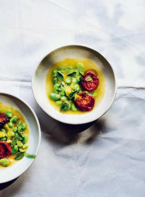 Fresh broad beans with slow-roast tomatoes and preserved lemon