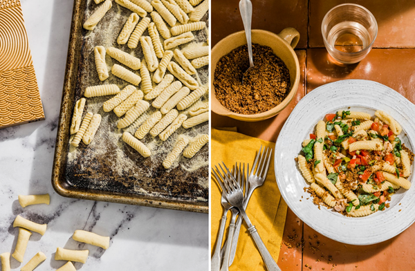 Fresh cavatelli with tomatoes, tuna and olives