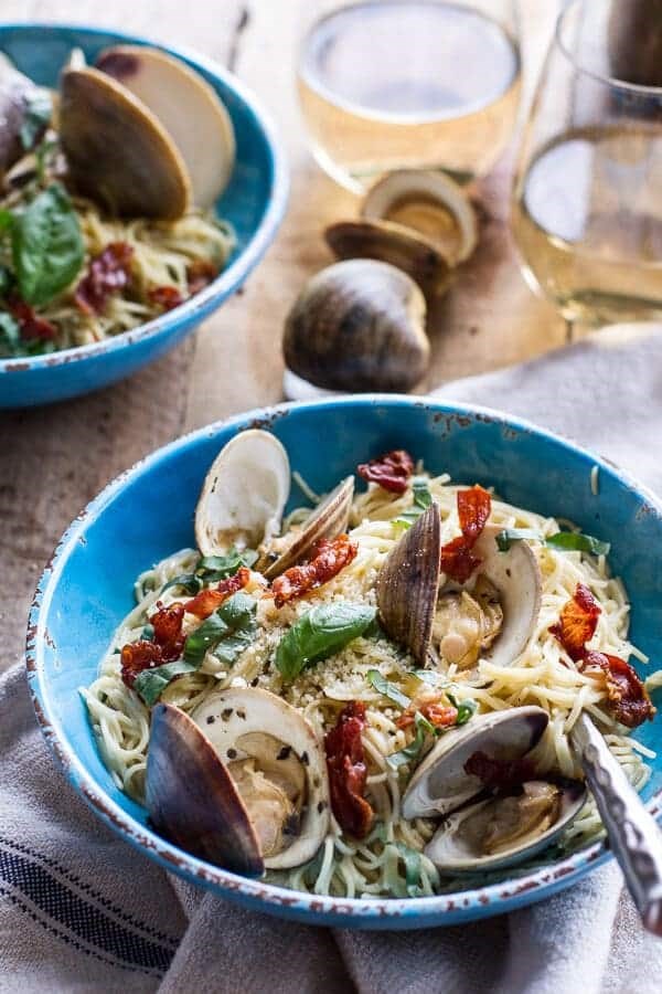 Fresh clam pasta with creamy white basil sauce + crispy prosciutto