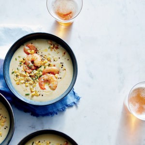 Fresh corn and potato soup with  sautéed shrimp 