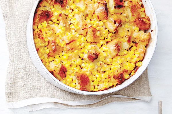 Fresh corn-Asiago bread pudding