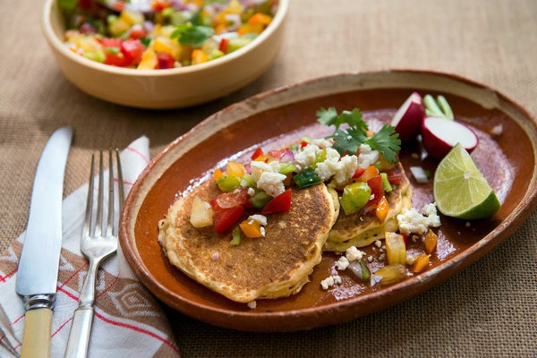 Fresh corn griddle cakes with spicy salsa