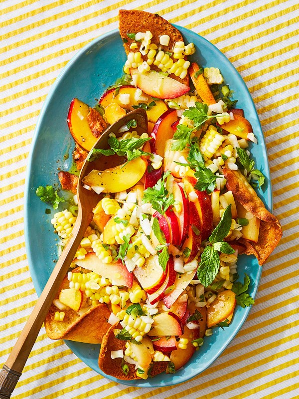 Fresh corn salad with stone fruit and herbs