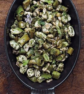 Fresh fava beans with coriander seeds, garlic, and cilantro