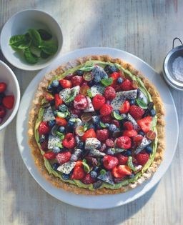 Fresh fruit galette with matcha cream & basil