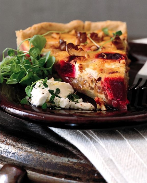 Fresh goat cheese, roasted beet, and walnut tart