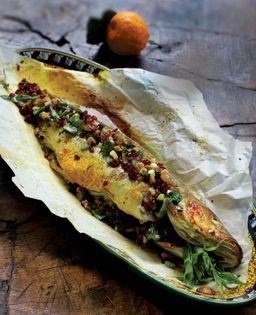 Fresh herb + barberry baked fish (Mahi-ye tu por ba zereshk-o sabzi)