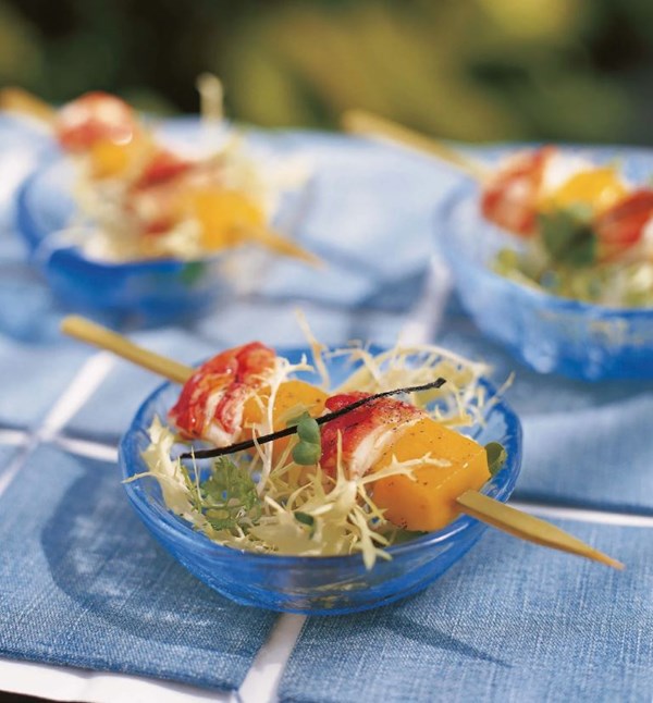 Fresh lobster mango skewers with sweet vanilla chili dressing