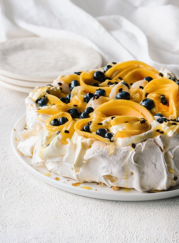 Fresh mango, blueberry and passionfruit Pavlova
