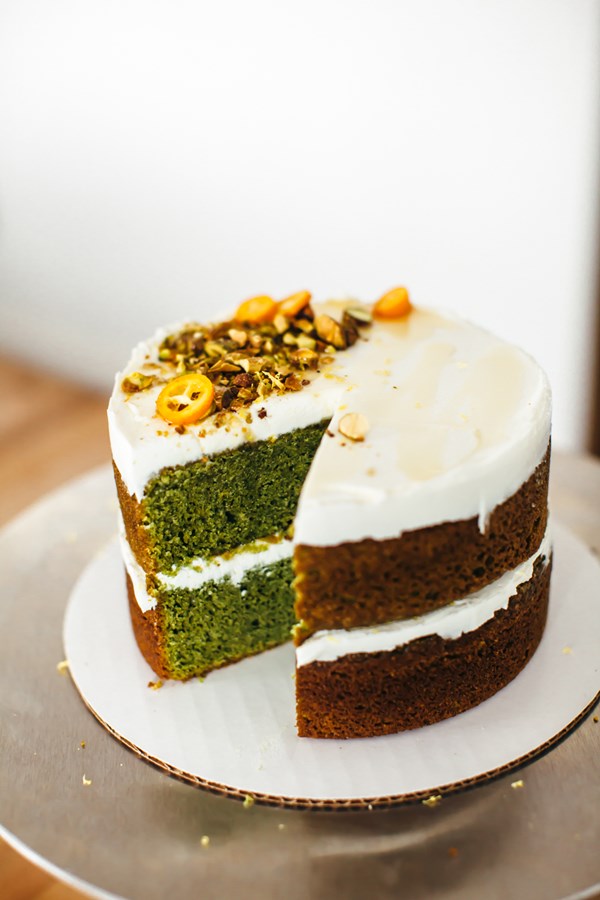 Fresh mint olive oil cake with labneh and honey