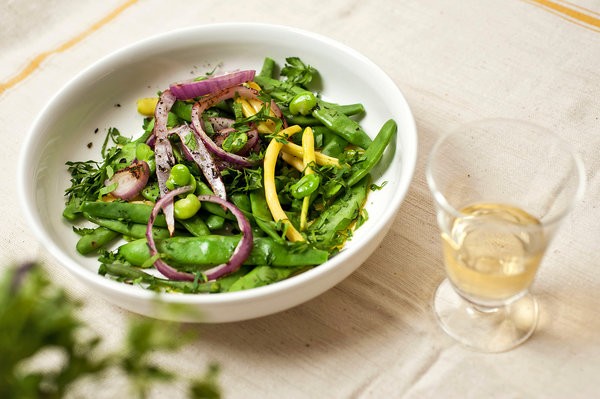 Fresh multi-bean salad with charred red onion