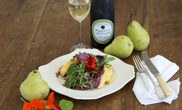 Fresh Packham pear, jamon & walnut salad with pear cider dressing