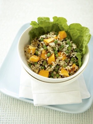 Fresh papaya, green pea, and rice salad