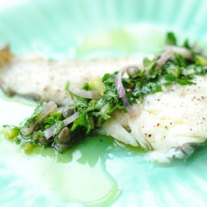 Fresh parsley drizzle with capers and cornichons