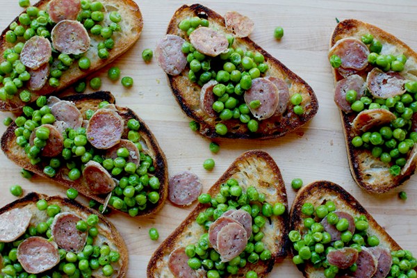 Fresh pea and salami bruschetta
