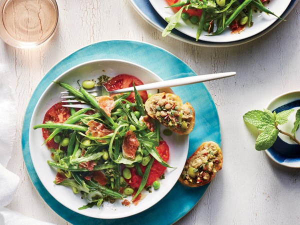 Fresh pea, prosciutto, and herb salad