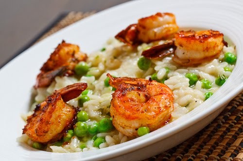 Fresh pea risotto with spicy grilled shrimp