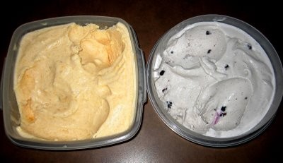Fresh peach ice cream and blueberry swirl vanilla ice cream