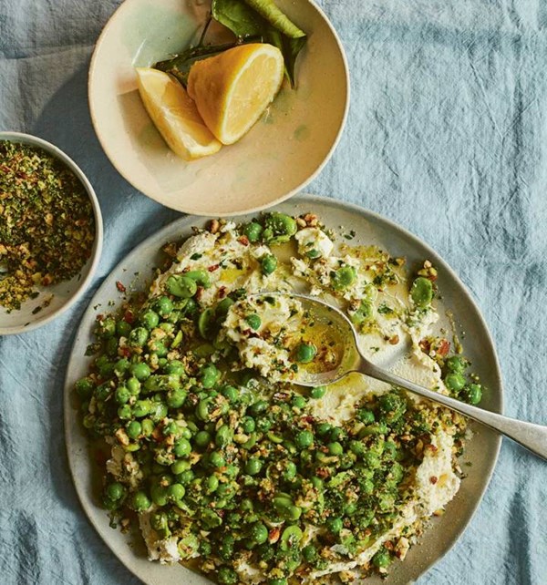Fresh peas and broad beans with ricotta, almonds and lemon [Twelve Triangles]