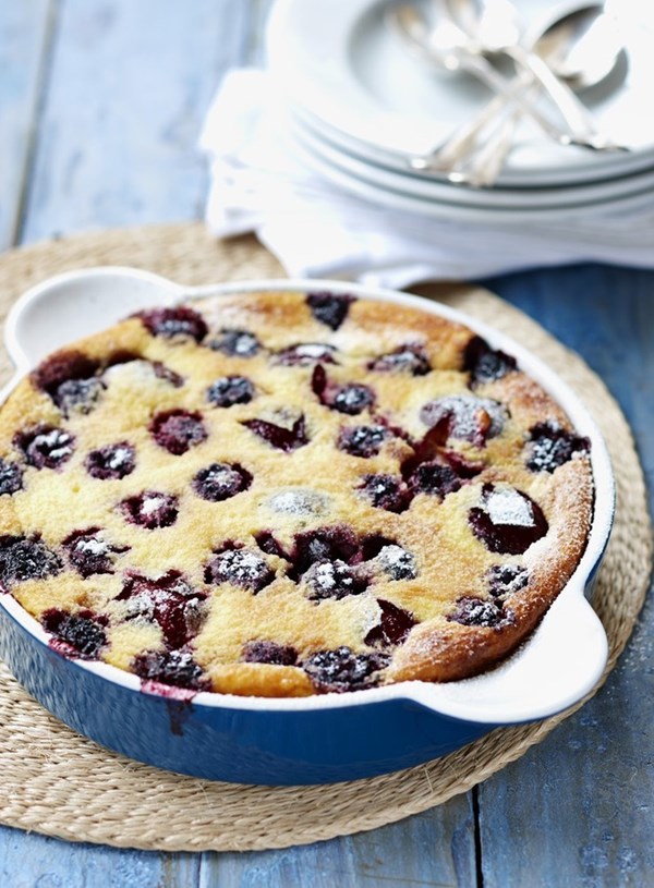 Fresh plum and berry clafouti