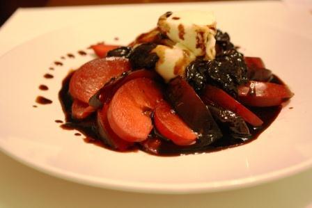 Fresh plums with honeyed mascarpone and cherry balsamic reduction
