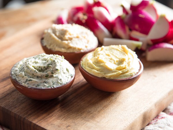 Fresh radishes with 3 compound butters