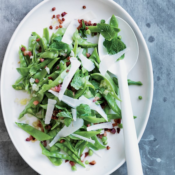 Fresh snow pea salad with pancetta & pecorino [Daniel Humm]