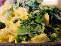 Fresh tagliatelle with sprouting broccoli and oozy cheese sauce