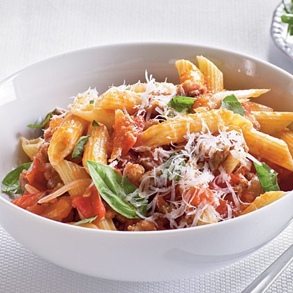 Fresh tomato, sausage, and pecorino pasta