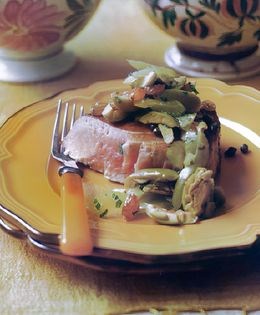 Fresh tuna with green olives, capers, celery, and mint