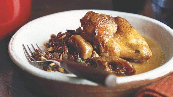 Fricassé of chicken and figs with Camargue red rice pilaf