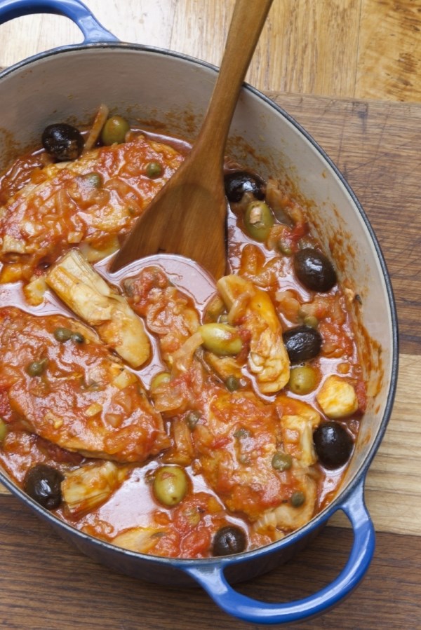 Fricassée of chicken with fennel, capers, artichokes, and tomatoes