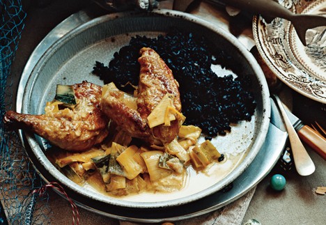 Fricassee of game hen with creamy leeks and vadouvan