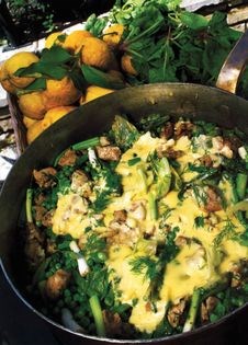 Fricassée of spring lamb with green peas and egg and lemon sauce