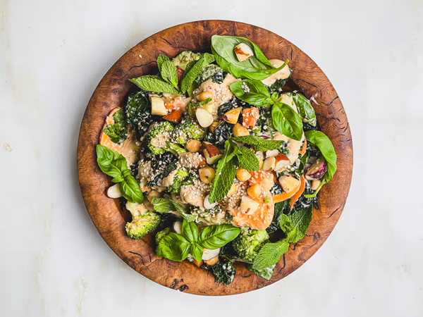 Fridge-raid salad with rhubarb dressing