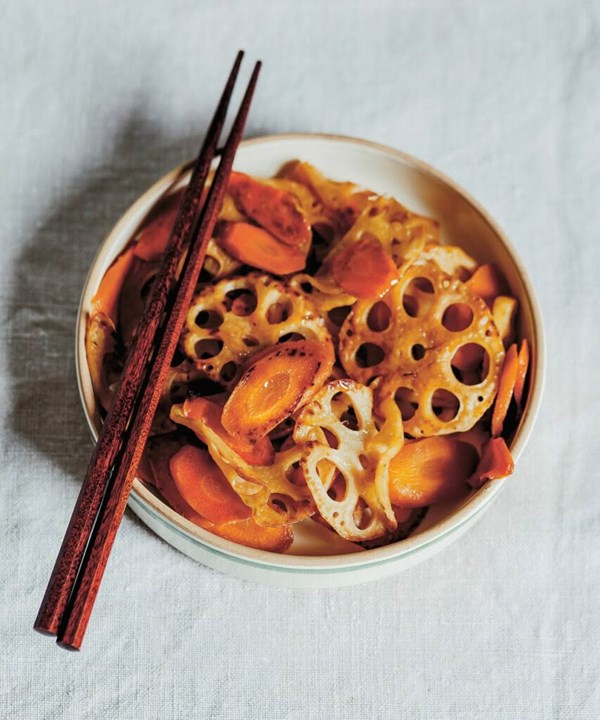 Fried & braised lotus root & carrot (Renkon no kinpira)