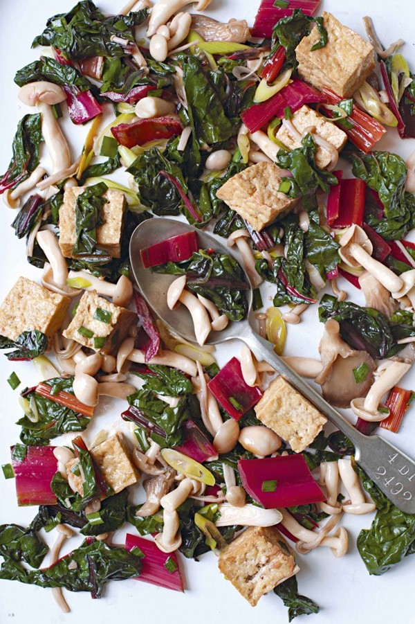 Fried and marinated tofu with rainbow chard and exotic mushrooms