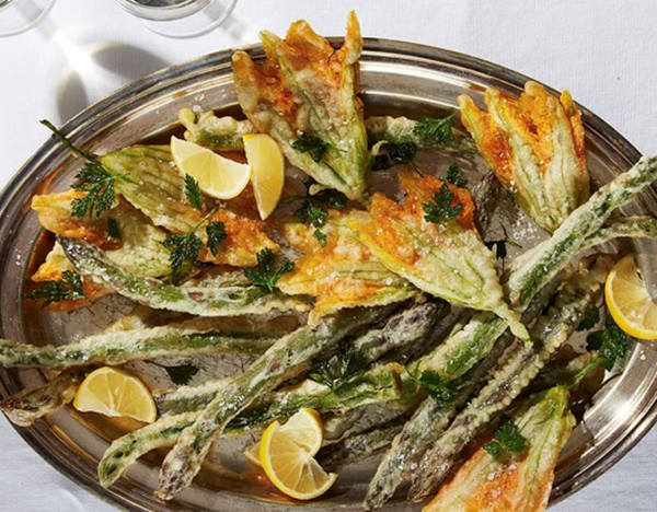 Fried asparagus & squash blossoms