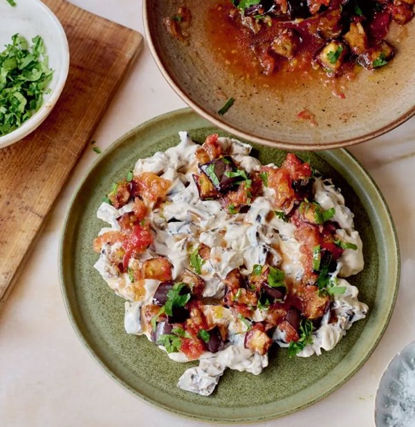 Fried aubergine m'tabbal with tomato & coriander salsa (M'tabbal bitinjan makli)