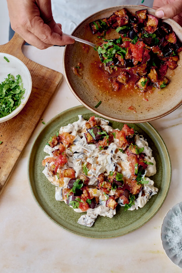 Fried aubergine m'tabbal with tomato and coriander salsa (m'tabbal bitinjan makil)