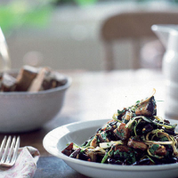 Fried aubergine with chilli and salad onions